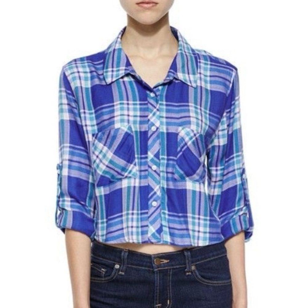 Rails Rian Button Down Long Sleeve Cropped Shirt in Blue Violet Plaid